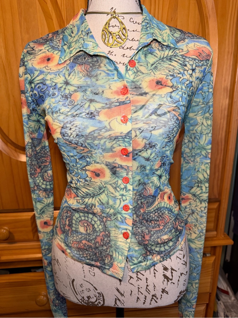 Floral Button-Down Mesh Shirt in Aqua and Coral - Picture 2 of 5